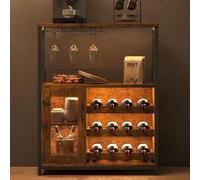Garvee Aparador Vinos con Puerta de Cristal y Cajón, 3 Niveles con 12 Cubos | Armario Vino de Almacenamiento con 9 botelleros,para Cocina,Comedor y Bar, Armario Botellero Madera, Aparador Vinos Retro