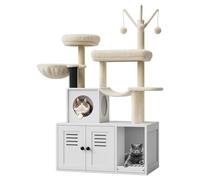 Garvee Árbol para gatos con caja de arena, torre moderna para gatos de 140 cm, condominio 2 en 1 con postes rascadores, condominio, hamaca, percha y pompones extraíbles, muebles de madera para gatos
