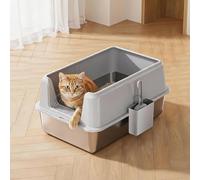 Garvee Arenero para Gatos de Acero Inoxidable - Tamaño y antigoteo - Fácil de Limpiar - Antiolor - Lados Altos antipérdida con Pala y Tapa - Ideal para Gatos y Conejos - Gris 60 x 40 x 35,5 cm