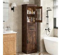 Garvee Armario de Baño Alto 2 Puertas y 1 Cajones, Flip Glass Drawer, Adjustable Shelves, Freestanding Organizer for Kitchen and Living Room, Marrón
