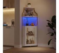 Garvee Armario de barra esquinero con luces LED, almacenamiento de licor de granja de 5 niveles, estante de vidrio, estantes y puertas ajustables para comedor, sala de estar, cocina, color dorado