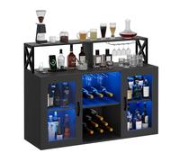 Garvee Armario de vino con luz LED, armario de bar con estante para vino, soporte para copas y tomas de corriente, para sala de estar, comedor, color negro