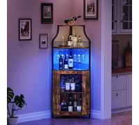 Garvee Armario de Vino Esquinero con Luces LED, Mueble Bar Industrial de 5 Niveles con Botellero y Porta Copas, Estantería para Vinos con Puerta de Malla para Salón y Comedor, Marrón Rústico