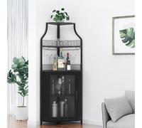 Garvee Armario de Vino Esquinero, Mueble Bar Industrial de 5 Niveles con Botellero y Porta Copas, Estantería para Vinos con Puerta de Malla para Salón, Bar, Comedor, Cocina, Negro