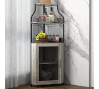 Garvee Armario de Vino Esquinero, Mueble Bar Industrial de 5 Niveles con Botellero y Porta Copas, Estantería para Vinos con Puerta de Malla para Salón, Bar, Comedor, Cocina, Gris