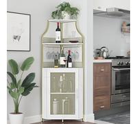 Garvee Armario de Vino Esquinero, Mueble Bar Industrial de 5 Niveles con Botellero y Porta Copas, Estantería para Vinos con Puerta de Malla para Salón, Bar, Comedor, Cocina, Dorado