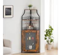 Garvee Armario de Vino Esquinero, Mueble Bar Industrial de 5 Niveles con Botellero y Porta Copas, Estantería para Vinos con Puerta de Malla para Salón, Bar, Comedor, Cocina, Marrón Rústico