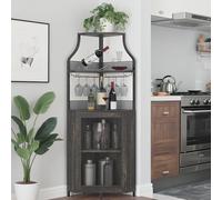 Garvee Armario de Vino Esquinero, Mueble Bar Industrial de 5 Niveles con Botellero y Porta Copas, Estantería para Vinos con Puerta de Malla para Salón, Bar, Comedor, Cocina, Gris Oscuro