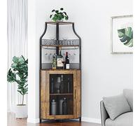 Garvee Armario de Vino Esquinero, Mueble Bar Industrial de 5 Niveles con Botellero y Porta Copas, Estantería para Vinos con Puerta de Malla para Salón y Comedor, Marrón Rústico