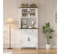 Garvee Armario despensa Alto 183 cm - Mueble Moderno con Puertas de Vidrio y Madera - Estantes Ajustables y cajón - Gran Capacidad para Cocina o Comedor - Contraste marrón y Blanco