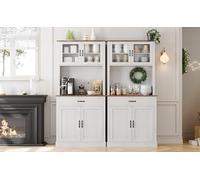 Garvee Armario recibidor Alto de 180 cm - Puertas de Vidrio, estantes Ajustables y Espacio microondas - Organizador Multifuncional con cajón, Ideal para Cocina, Comedor y Entrada - Acabado Blanco