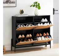 Garvee Armario Zapatero Estrecho de ratán Natural con 4 cajones abatibles y estantes Ajustables de 3 Niveles, diseño Independiente y Moderno, Estructura de Madera y Patas metálicas, Gran Capacidad