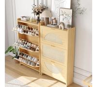 Garvee Armario Zapatero Estrecho para recibidor - 3 cajones abatibles, Puertas de ratán y estantes Ajustables - Organizador Moderno de Madera MDF - Color Roble Natural