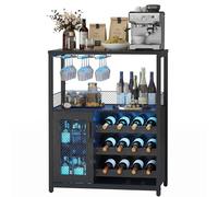 Garvee Armarios para vino industrial con LED, estante ajustable 12 botellas y portavasos - Armario puerta de vidrio y rejilla metálica - Cocina, comedor o salón - Madera negro con lámpara (exportación