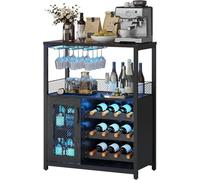 Garvee Armarios para vino industrial con LED, estante ajustable 12 botellas y portavasos - Armario puerta de vidrio y rejilla metálica - Cocina, comedor o salón - Madera negro con lámpara (exportación