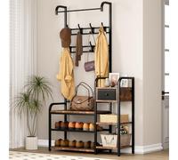 Garvee Banco zapatero 5 en 1 para recibidor, con 8 ganchos resistentes, estilo industrial con cajón, perchero para apartamento y dormitorio, color marrón