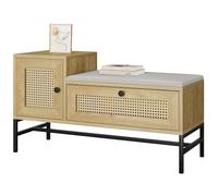 Garvee Banco Zapatero De Ratán con Cojín De Lino - Armario y Cajón De Almacenamiento - Estilo Farmhouse, Estructura Metálica Robusta Entrada, Recibidor y Sala - Acabado Roble Natural