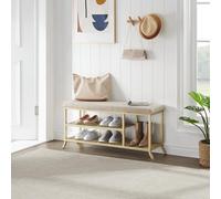 Garvee Banco Zapatero Moderno Dorado para Entrada con Asiento Acolchado de Espuma - Estructura metálica Resistente - 2 Niveles de Almacenamiento - Ideal para Dormitorio, Sala, Pasillo - Color: Oro