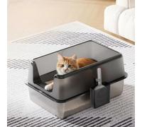 Garvee Bandeja de arena para gatos de acero inoxidable, caja de arena de metal extragrande con superficie antiadherente para una fácil limpieza, caja de arena grande con lados altos, cara alta para
