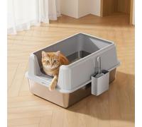 Garvee Bandeja de arena para gatos de acero inoxidable, caja de arena de metal extragrande con superficie antiadherente para una fácil limpieza, caja de arena grande con lados altos, cara alta para
