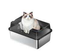 Garvee Bandeja de arena XXL de acero inoxidable para gatos grandes, caja de arena de metal de cara alta con protector de tapa y cuchara, detiene el olor y el seguimiento de la arena, ideal para