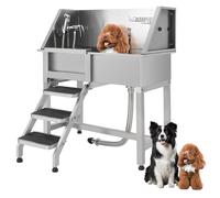 Garvee Bañera Profesional para Aseo de Perros de Acero Inoxidable, Puerta corredera Izquierda, Rejilla Antideslizante Ajustable, Escalera, Grifo y Ducha, Acabado Pulido Plateado, 86,36 x 37,8 x 98,01