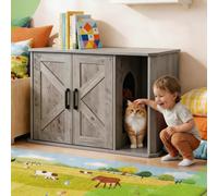 Garvee Caja de arena para gatos, 85 x 49 x 50 cm, mueble oculto con puertas dobles y entrada lateral, estilo granja, control de olores, mesa auxiliar para pasillo, dormitorio, color gris