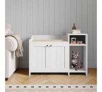 Garvee Caja de arena para gatos, 86 pulgadas de ancho x 50 pulgadas de profundidad x 61,5 cm de alto, mueble de caja de arena oculta con estante de almacenamiento y puerta de granero de madera, mesa