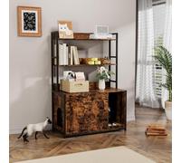 Garvee Caja de arena para gatos con estantería, muebles ocultos de casa para gatos con estantes abiertos de 3 niveles y puertas dobles, gabinete de almacenamiento de madera para interiores para sala