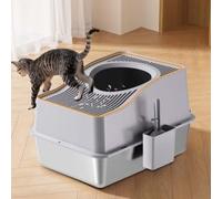 Garvee Caja de arena para gatos de acero inoxidable con tapa,caja de arena de metal desmontable cerrada para gatos,fácil de limpiar,con pala y pedal,adecuada para todo tipo de gatos,Negro,60*40*39.5cm