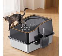 Garvee Caja de arena para gatos de acero inoxidable con tapa,caja de arena de metal desmontable cerrada para gatos,fácil de limpiar,con pala y pedal,adecuada para todo tipo de gatos,Negro,60*40*34.5cm