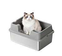 Garvee Caja de arena para gatos de acero inoxidable de alta cara, XL, extragrande, 36 L, a prueba de fugas, resistente al olor, antiadherente, fácil de limpiar, semicerrada, bandeja de metal duradera