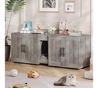 Garvee Caja de arena para gatos para 2 gatos, caja de arena oculta de 55 pulgadas, mueble de madera 3 en 1 con puerta de granero y habitaciones dobles para dormitorio, sala de estar, color gris