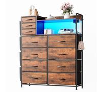 Garvee Cajonera de 11 cajones con estantes, Bolsillos Laterales, Ganchos, estación de Carga USB y Luces LED, Estructura metálica Robusta y Superficie de Madera, Ideal para Dormitorio, Sala, Pasillo o