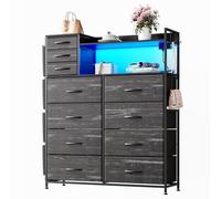 Garvee Cajonera de 11 cajones con organizadores Laterales, Bolsillos, estación de Carga USB, Luces LED, Ganchos y estantes, Estructura de Metal Resistente y encimera de Madera, para Dormitorio, Sala,