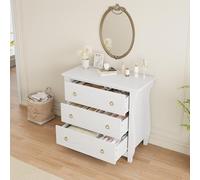 Garvee Cajonera Moderna De 3 Cajones para Comedor - Gabinete De Almacenamiento De Madera En Blanco con Tiradores De Anillo Metálico Negro - Diseño Bohemio con Patas Curvas y Detalles En Ratán