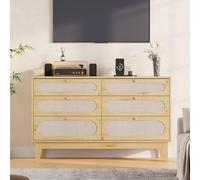 Garvee Cajonera recibidor 6 cajones ratán - Estación de Carga y USB - Diseño Moderno Roble Natural - Patas y Tiradores Madera, Kit antivuelco - Almacenaje Dormitorio, Entrada - Color Madera