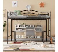 Garvee Cama alta individual resistente de metal - Estructura robusta y silenciosa - Escalera y barandilla completa - Fácil montaje - Soporta 180 kg - Ahorro de espacio - Ideal dormitorio - Color negro