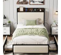Garvee Cama Individual tapizada con cabecero y cajones de almacenaje - Plataforma con estación de Carga, Montaje fácil, silenciosa - No Requiere Base - Tela Beige, Blanco rotativo, tamaño Twin