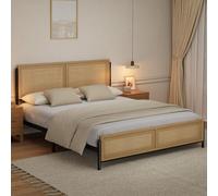 Garvee Cama Tamaño King Bohemia con Cabecero y Piecero De Ratán Natural - Estructura De Madera Robusta - Gran Espacio De Almacenamiento - Montaje Fácil y Silencioso - Acabado Roble Natural