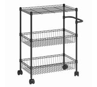 GARVEE Carrito Auxiliar de Cocina con Ruedas de Hierro 3 Niveles Negro | Trolley versátil verdulero con estante ajustable, cesta extraible, malla M, asa curva, frenos de seguridad y montaje facil