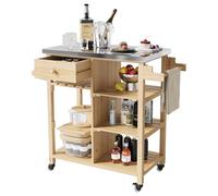 Garvee Carrito de parrilla para exteriores, mesa de horno de pizza portátil de madera con parte superior de acero inoxidable, cajón y 4 estantes abiertos, isla de cocina móvil con ruedas para patio