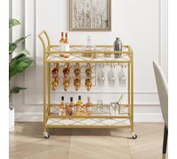 Garvee Carro de Bar Elegante de 2 Niveles - Estante de Madera Acabado mármol Blanco - Portabotellas y Soporte para Copas - con Ruedas, Ideal para Cocina, salón y Comedor - Carrito para Bebidas, Color