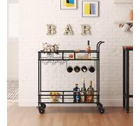 Garvee Carro de Bar portátil de 2 Niveles con Ruedas y estantes de Espejo - Soporte para 4 Botellas y 3 Filas de Copas - Diseño Compacto para Comedor y Sala - Negro+Espejo, 34x15x35 Pulgadas
