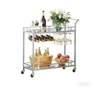 Garvee Carro de Bar rodante de 2 Niveles con estantes espejados - Porta Copas y Botellas - Compacto y portátil para Comedor, Cocina o Sala - Plat Espejo, 4 Botellas, 3 Filas Copas, 34x15x35