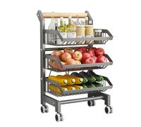 Garvee Carro De Cocina 3 Niveles, Cestas Metálicas Ruedas y Soporte Madera