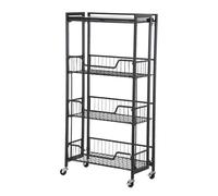 Garvee Carro de Cocina Plegable de 4 Niveles - Estantería organizadora con cestas y Superficie de Madera - con Ruedas para fácil Movimiento - para Frutas, Patatas, cebollas y Snacks - Negro - Todo