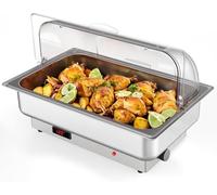 Garvee Chafing Dish eléctrico 600W de Acero Inoxidable - Calentador Buffet con Tapa rolltop Transparente, Control de Temperatura, 1 Bandeja 1/1 y 2 bandejas 1/2, Ideal para Fiestas y Catering, 220V