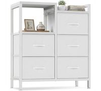 Garvee Cómoda De 5 Cajones Para Dormitorio y Salón, Torre De Almacenamiento Con Estructura De Acero y Tablero De Madera, Organizador Estrecho Para Ropa y Juguetes En Pasillo y Oficina, 63x29x75 cm, Ne