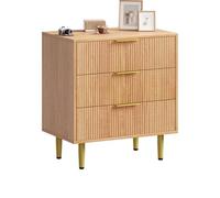 Garvee Cómoda de Madera Moderna con 3 cajones Acanalados - Gran Capacidad de Almacenamiento - Tiradores y Patas metálicas Doradas - Fácil Montaje para salón, Dormitorio o Entrada - Color Madera